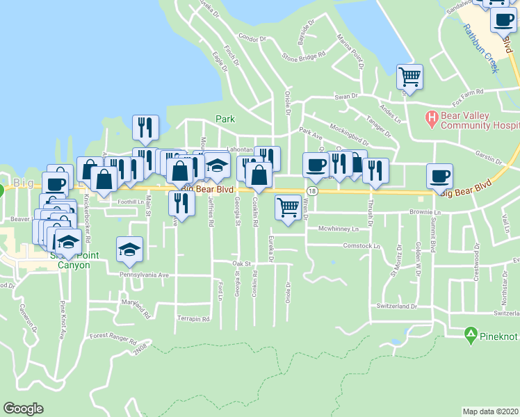 map of restaurants, bars, coffee shops, grocery stores, and more near 551 Conklin Road in Big Bear Lake