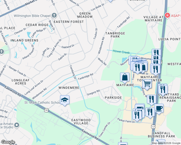 map of restaurants, bars, coffee shops, grocery stores, and more near 402 Tanbridge Road in Wilmington