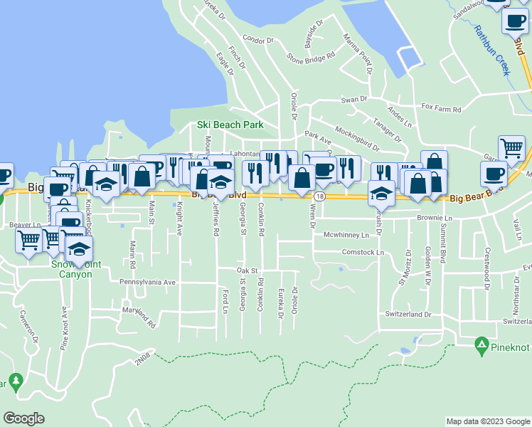 map of restaurants, bars, coffee shops, grocery stores, and more near 551 Conklin Road in Big Bear Lake