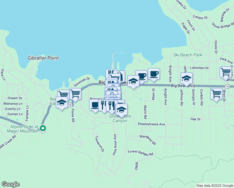 map of restaurants, bars, coffee shops, grocery stores, and more near 582 Pine Knot Avenue in Big Bear Lake