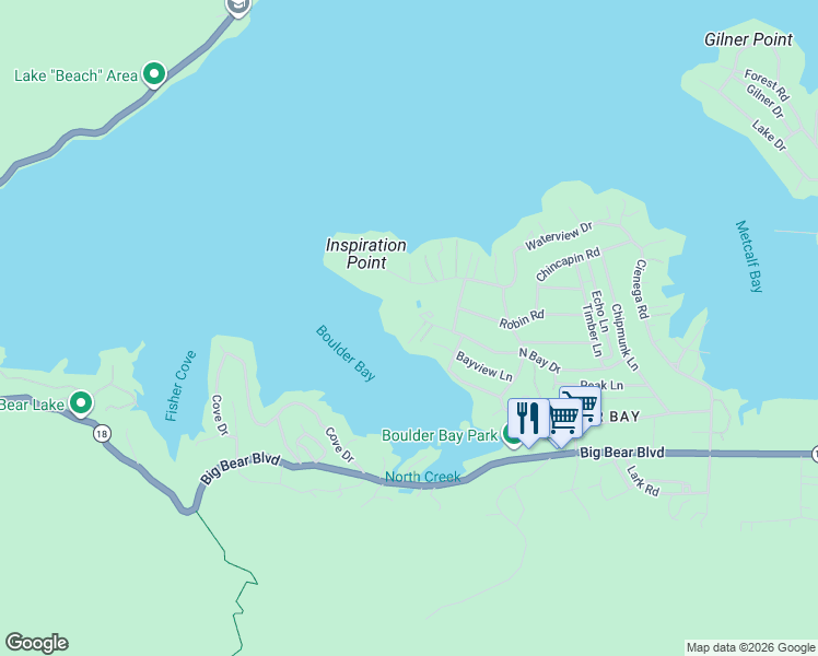 map of restaurants, bars, coffee shops, grocery stores, and more near 38933 North Bay Drive in Big Bear Lake