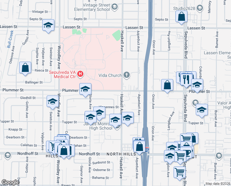 map of restaurants, bars, coffee shops, grocery stores, and more near 15822 Plummer Street in Los Angeles