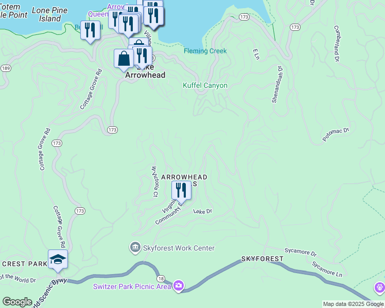 map of restaurants, bars, coffee shops, grocery stores, and more near 594 Sunderland Court in Lake Arrowhead