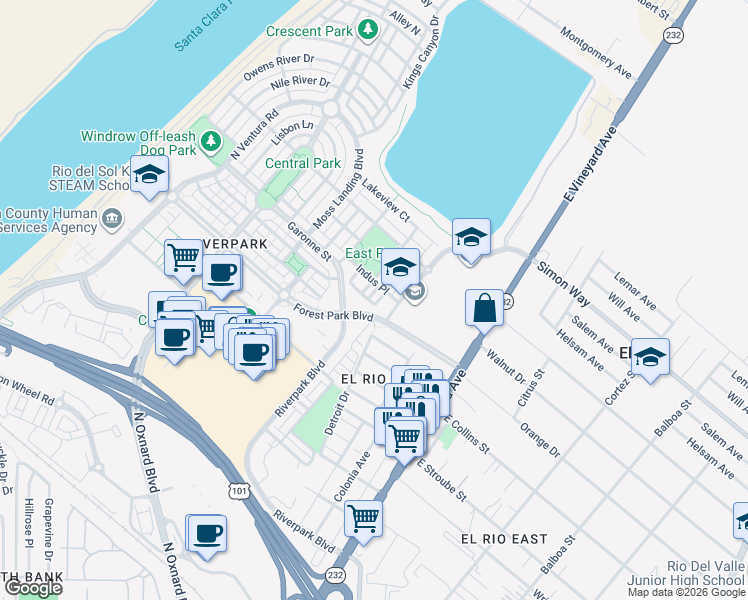 map of restaurants, bars, coffee shops, grocery stores, and more near 302 Forest Park Boulevard in Oxnard