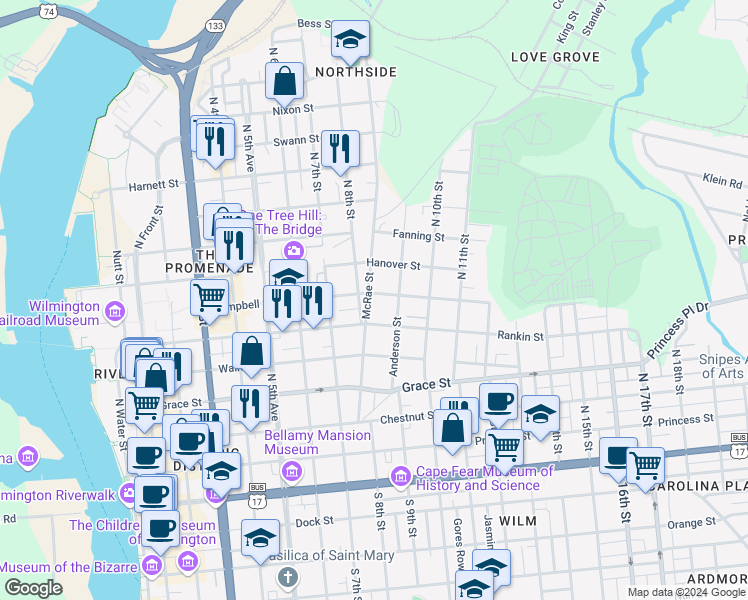map of restaurants, bars, coffee shops, grocery stores, and more near 505 North 8th Street in Wilmington