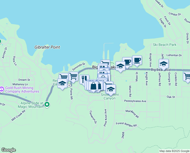 map of restaurants, bars, coffee shops, grocery stores, and more near 547 Cottage Lane in Big Bear Lake