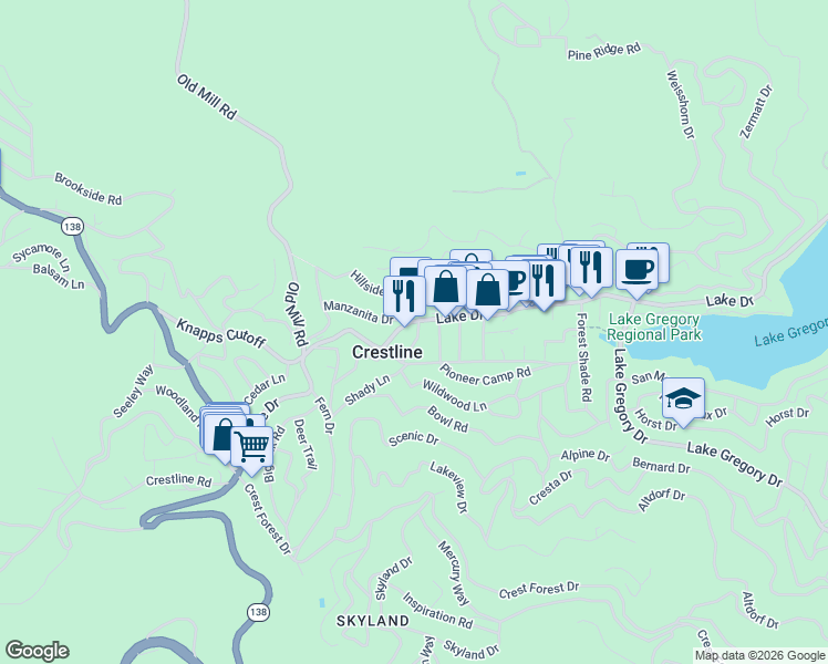 map of restaurants, bars, coffee shops, grocery stores, and more near 596 Friendly Lane in Crestline