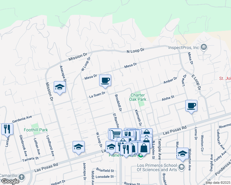 map of restaurants, bars, coffee shops, grocery stores, and more near 2300 Paseo Camarillo in Camarillo