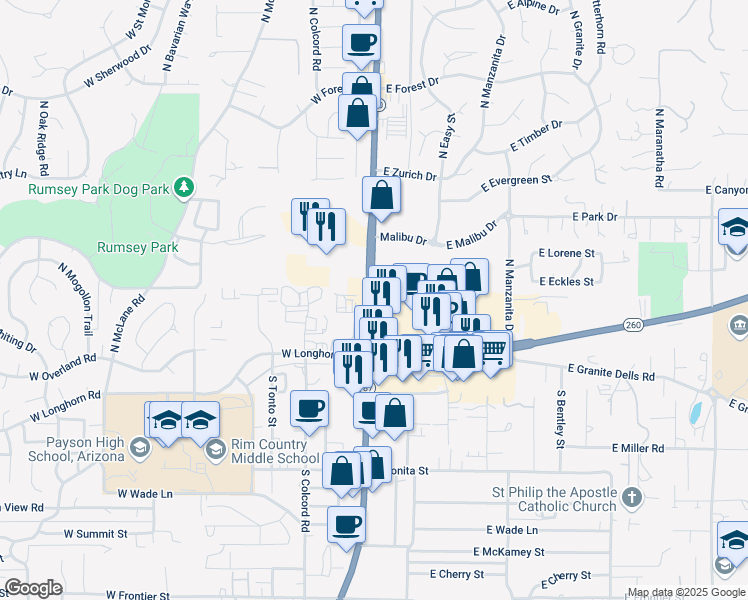 map of restaurants, bars, coffee shops, grocery stores, and more near 301 North Beeline Highway in Payson