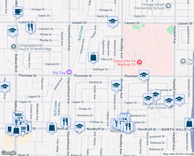 map of restaurants, bars, coffee shops, grocery stores, and more near 16350 Plummer Street in Los Angeles
