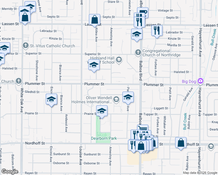 map of restaurants, bars, coffee shops, grocery stores, and more near 17149 Gledhill Street in Los Angeles