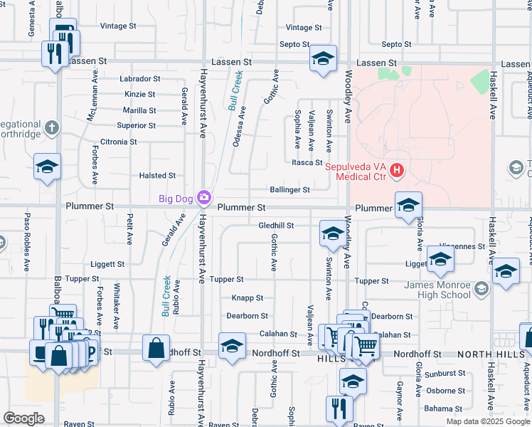 map of restaurants, bars, coffee shops, grocery stores, and more near 16405 Gledhill Street in Los Angeles