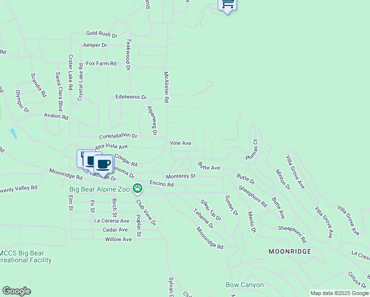 map of restaurants, bars, coffee shops, grocery stores, and more near 1141 West Alta Vista Avenue in Big Bear