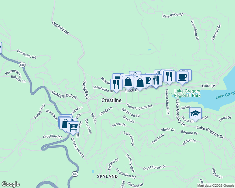 map of restaurants, bars, coffee shops, grocery stores, and more near Lake Drive in Crestline