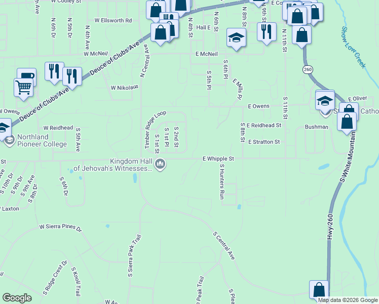 map of restaurants, bars, coffee shops, grocery stores, and more near 260 Timber Ridge Loop in Show Low