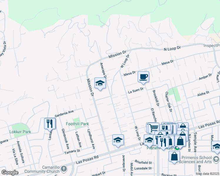 map of restaurants, bars, coffee shops, grocery stores, and more near 526 Anacapa Drive in Camarillo