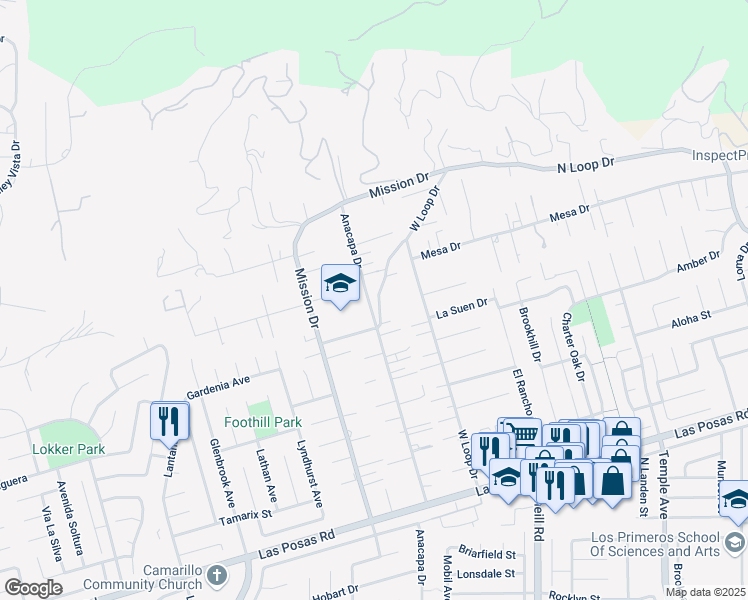 map of restaurants, bars, coffee shops, grocery stores, and more near 516 Anacapa Drive in Camarillo