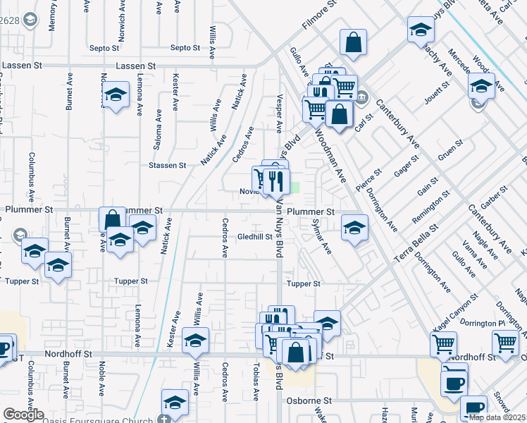map of restaurants, bars, coffee shops, grocery stores, and more near 14630 Plummer Street in Los Angeles