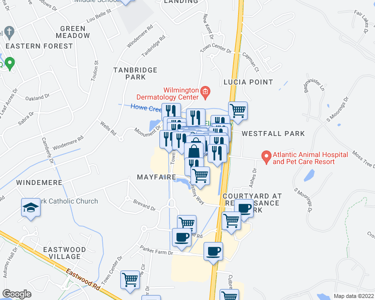 map of restaurants, bars, coffee shops, grocery stores, and more near 916 Inspiration Drive in Wilmington