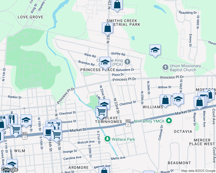 map of restaurants, bars, coffee shops, grocery stores, and more near 325 North 23rd Street in Wilmington