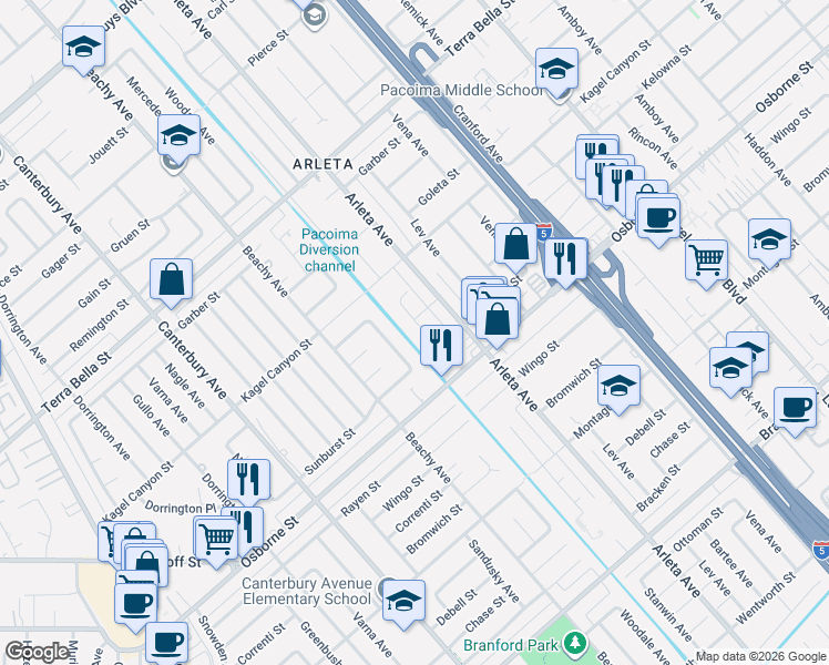 map of restaurants, bars, coffee shops, grocery stores, and more near 9525 Stanwin Avenue in Los Angeles