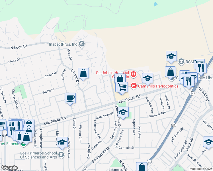 map of restaurants, bars, coffee shops, grocery stores, and more near 3425 Rio Hato Court in Camarillo