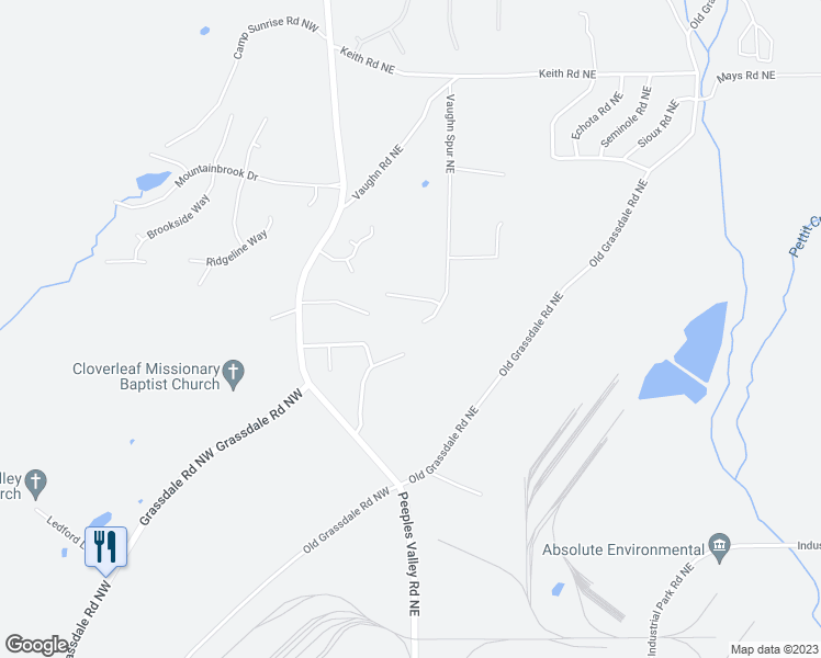 map of restaurants, bars, coffee shops, grocery stores, and more near 150 Vaughn Spur Northeast in Cartersville