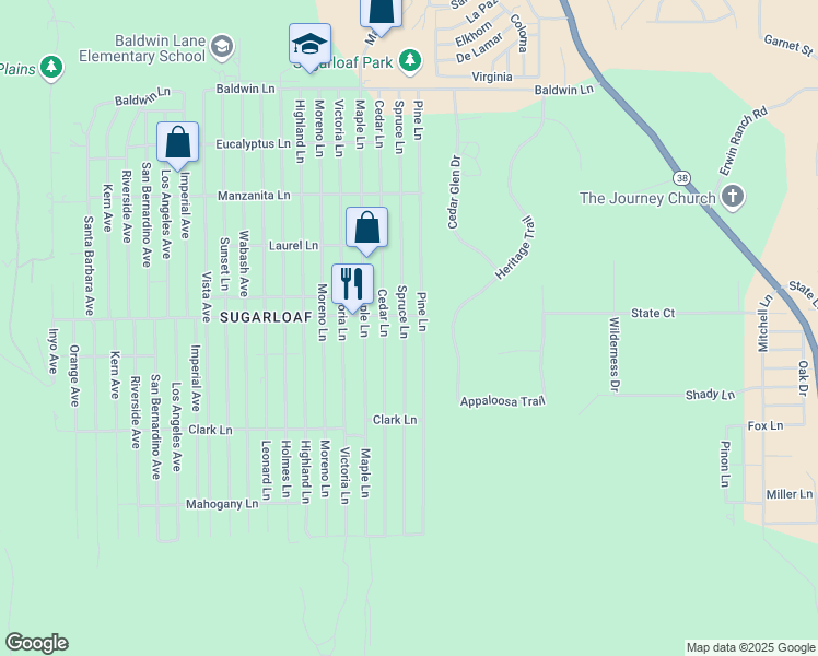 map of restaurants, bars, coffee shops, grocery stores, and more near 527 Spruce Lane in Big Bear