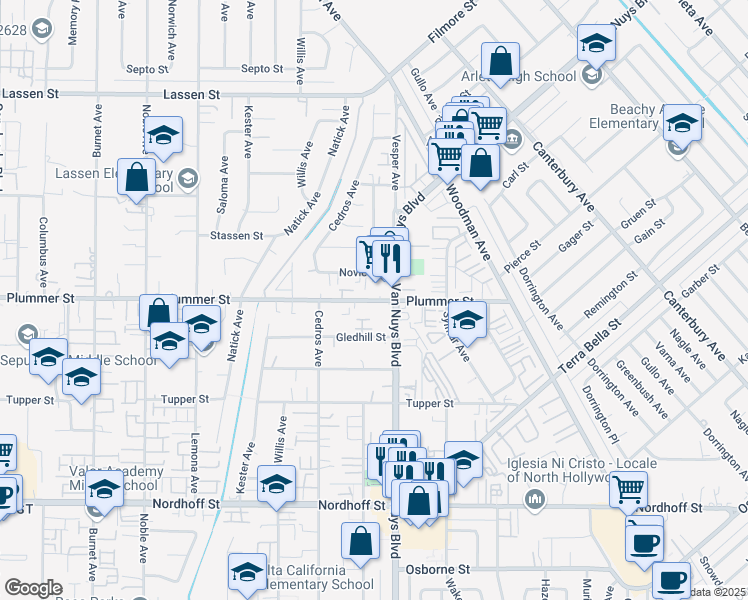 map of restaurants, bars, coffee shops, grocery stores, and more near 14602 Plummer Street in Los Angeles