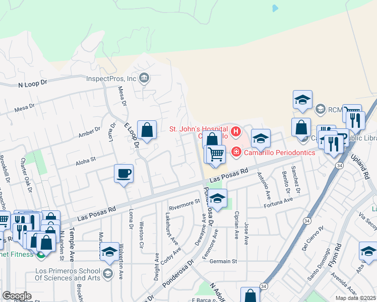 map of restaurants, bars, coffee shops, grocery stores, and more near 3425 Rio Hato Court in Camarillo