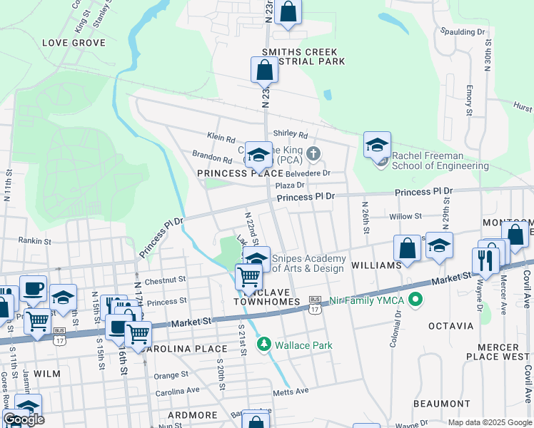 map of restaurants, bars, coffee shops, grocery stores, and more near 325 North 23rd Street in Wilmington