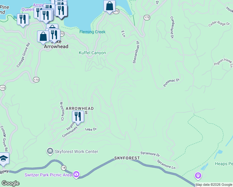 map of restaurants, bars, coffee shops, grocery stores, and more near 628 South Kuffel Canyon Road in Lake Arrowhead
