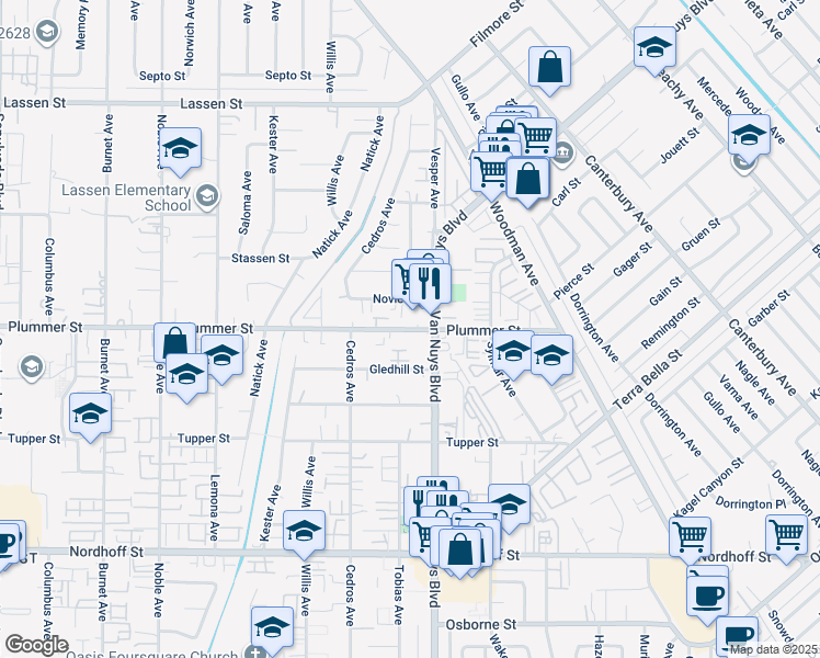 map of restaurants, bars, coffee shops, grocery stores, and more near 14630 Plummer Street in Los Angeles