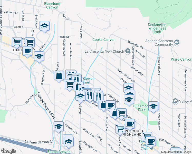 map of restaurants, bars, coffee shops, grocery stores, and more near 4702 Moore Street in Glendale