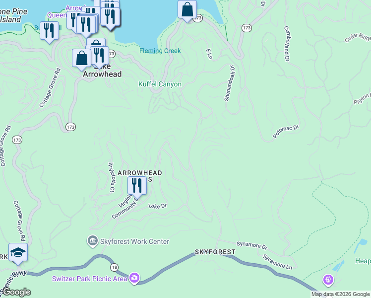map of restaurants, bars, coffee shops, grocery stores, and more near 628 South Kuffel Canyon Road in Lake Arrowhead