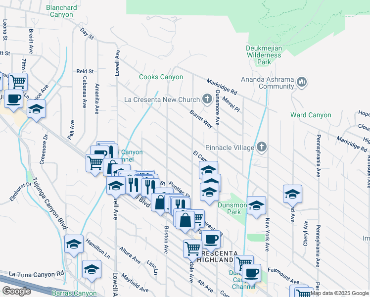 map of restaurants, bars, coffee shops, grocery stores, and more near 3712 El Caminito in Glendale