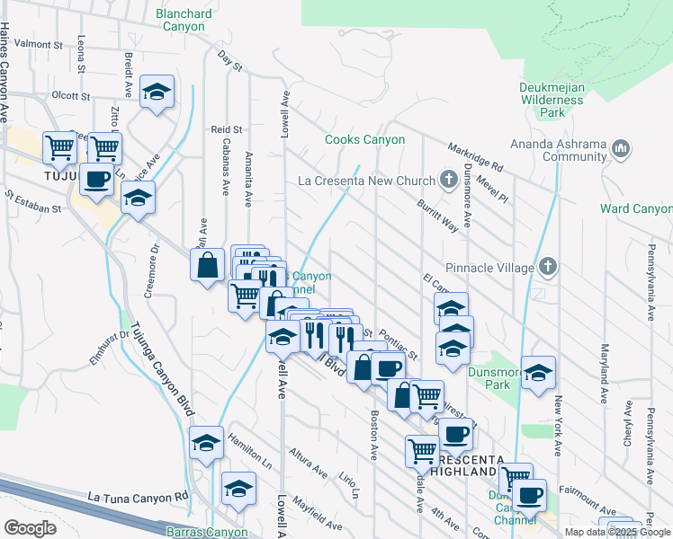 map of restaurants, bars, coffee shops, grocery stores, and more near 4702 Moore Street in Glendale