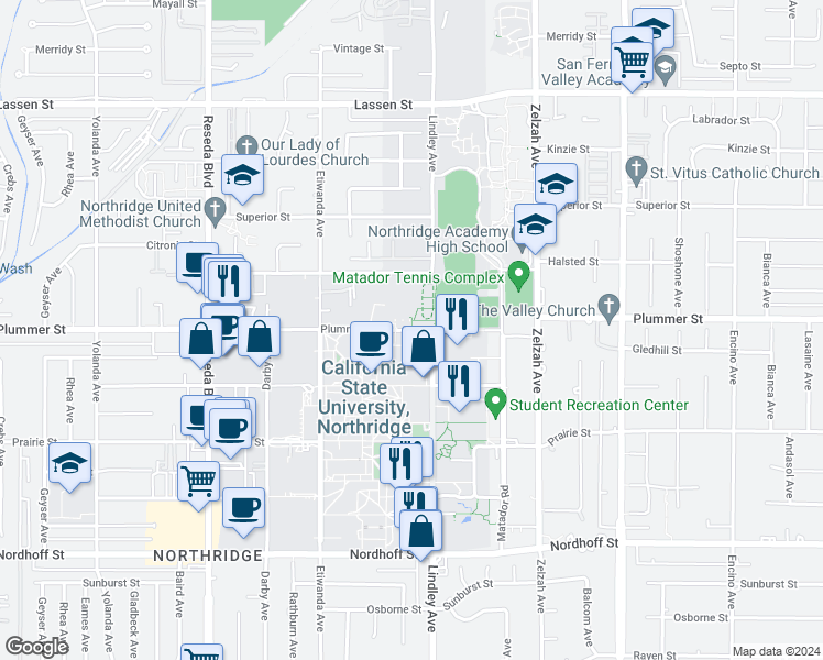 map of restaurants, bars, coffee shops, grocery stores, and more near 18184 Plummer Street in Los Angeles