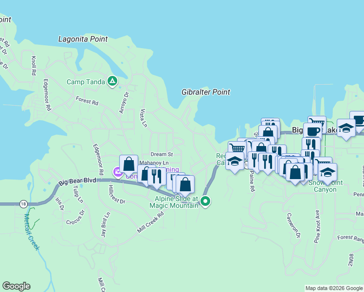 map of restaurants, bars, coffee shops, grocery stores, and more near 40264 Bonita Lane in Big Bear Lake