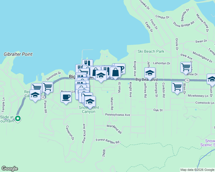 map of restaurants, bars, coffee shops, grocery stores, and more near in Big Bear Lake