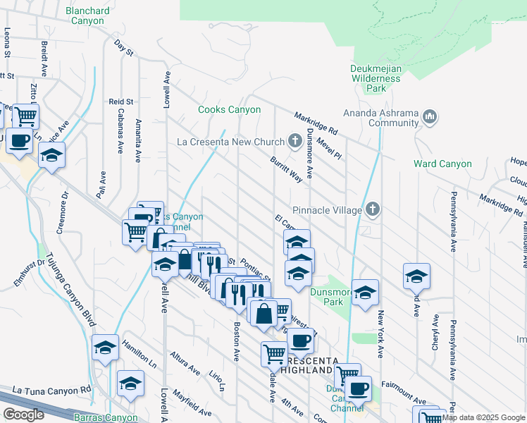 map of restaurants, bars, coffee shops, grocery stores, and more near 3712 El Caminito in Glendale