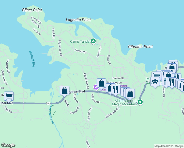map of restaurants, bars, coffee shops, grocery stores, and more near 39997 Glenview Road in Big Bear Lake