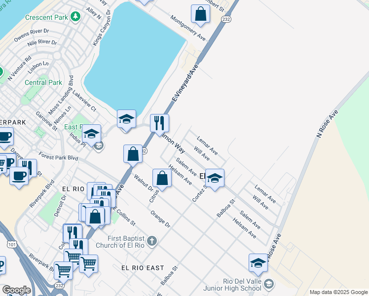 map of restaurants, bars, coffee shops, grocery stores, and more near 301 Will Avenue in Oxnard