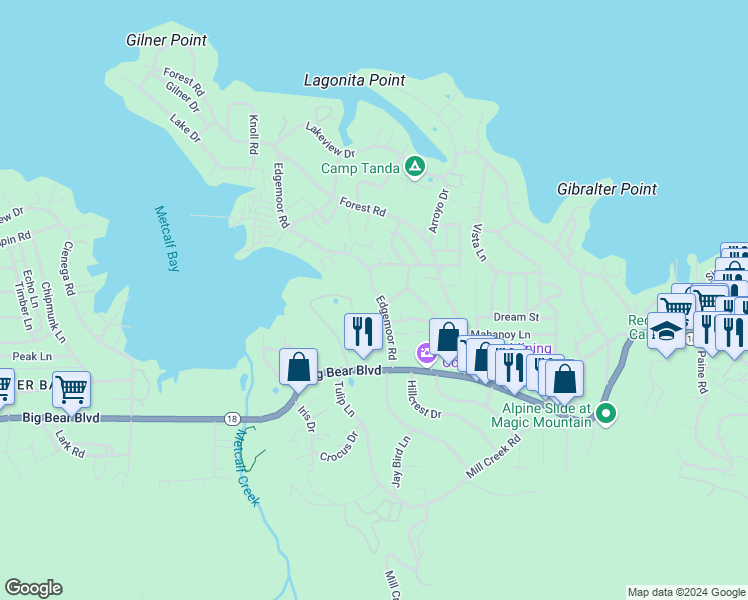 map of restaurants, bars, coffee shops, grocery stores, and more near 542 Edgemoor Road in Big Bear Lake