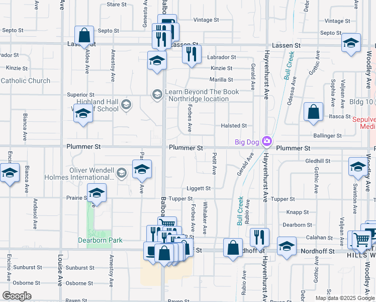 map of restaurants, bars, coffee shops, grocery stores, and more near 9446 McLennan Avenue in Los Angeles