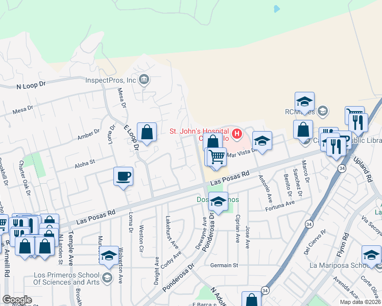 map of restaurants, bars, coffee shops, grocery stores, and more near 3452 Antonio Avenue in Camarillo