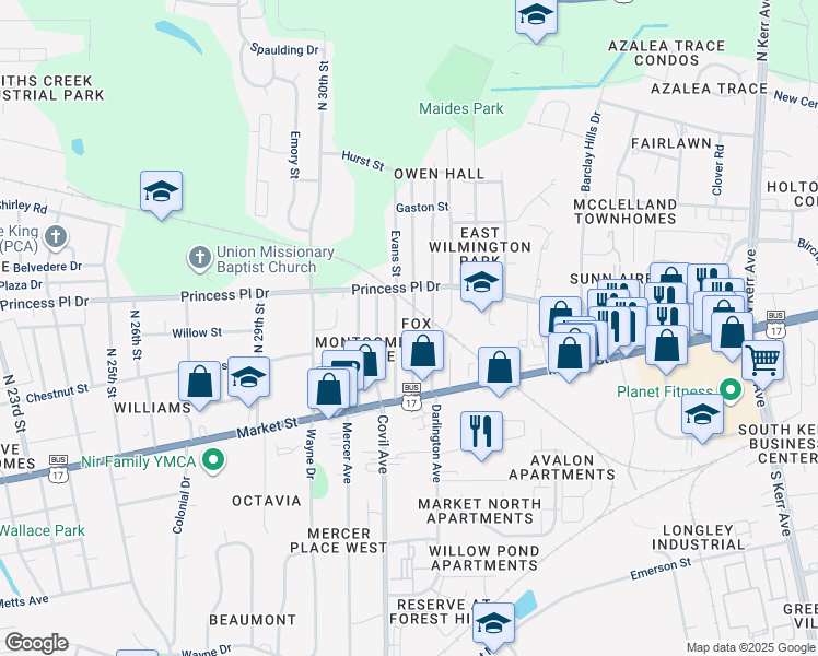 map of restaurants, bars, coffee shops, grocery stores, and more near 211 Clay Street in Wilmington