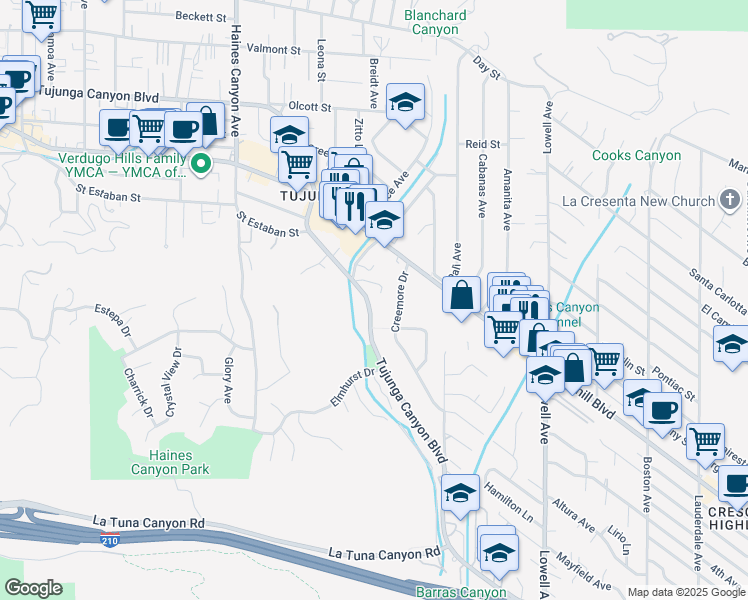 map of restaurants, bars, coffee shops, grocery stores, and more near 9642 Tujunga Canyon Boulevard in Los Angeles