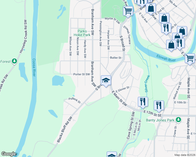 map of restaurants, bars, coffee shops, grocery stores, and more near 618 Pennington Avenue Southwest in Rome