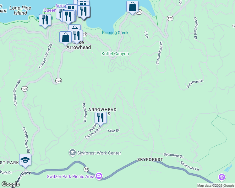 map of restaurants, bars, coffee shops, grocery stores, and more near 541 Sunderland Court in Lake Arrowhead